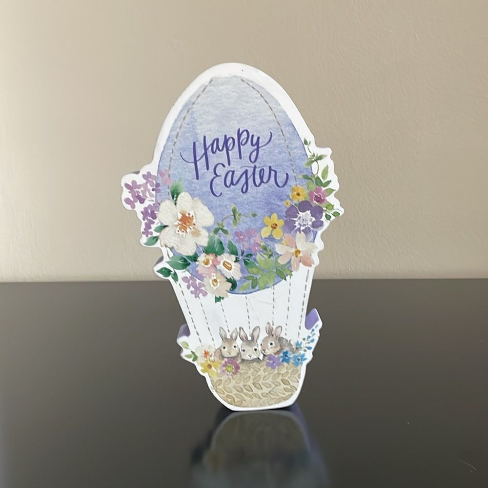 New Eccolo wooden Easter bunny April hot air balloon statue stand living room